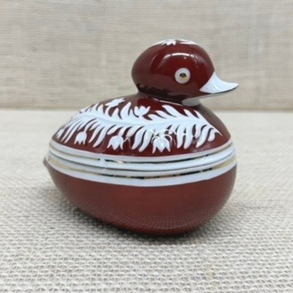 Hollohaza Hungary Porcelain Duck Trinket Box Russet Red Floral Gold Trim Vintage